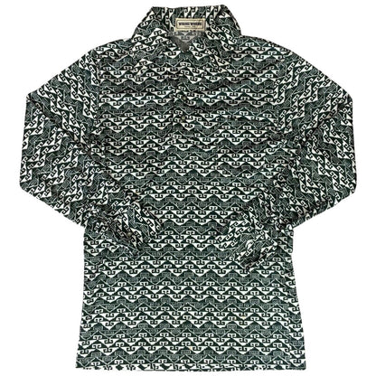 VTG 70s BIG COLLAR MENS POLY SMOCK SHIRT GEOMETRIC PSYCHEDELIC PRINT 37” (35) S