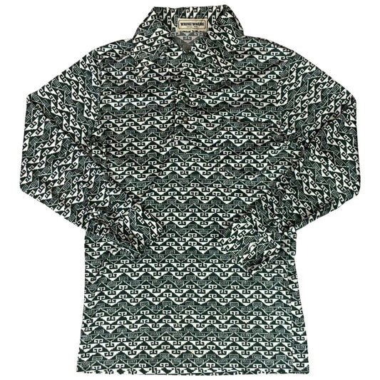 VTG 70s BIG COLLAR MENS POLY SMOCK SHIRT GEOMETRIC PSYCHEDELIC PRINT 37” (35) S