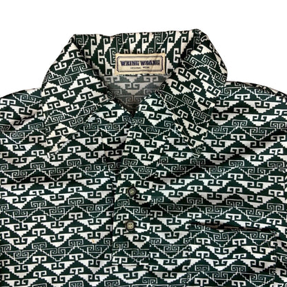 VTG 70s BIG COLLAR MENS POLY SMOCK SHIRT GEOMETRIC PSYCHEDELIC PRINT 37” (35) S