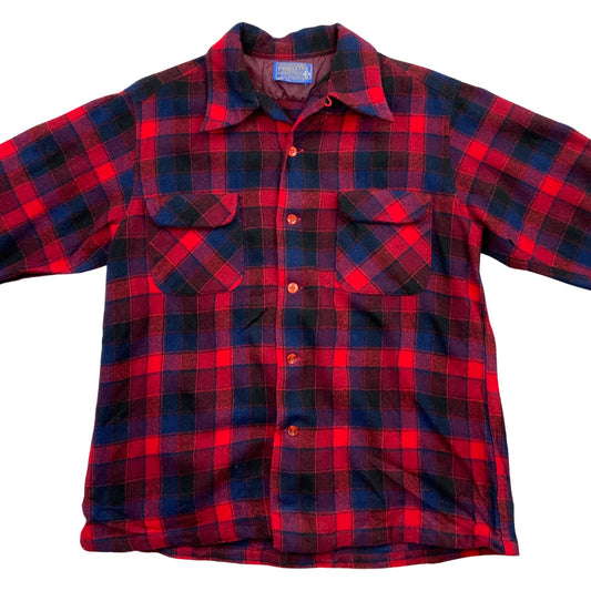 VTG 60s 70s USA RED PENDLETON WOOL BOARD SHIRT CHECK PLAID BEACH BOYS M 44” (40)