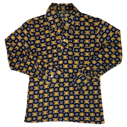 VTG 70s BIG COLLAR MENS POLY SMOCK SHIRT GEOMETRIC PSYCHEDELIC PRINT 36” (34) S