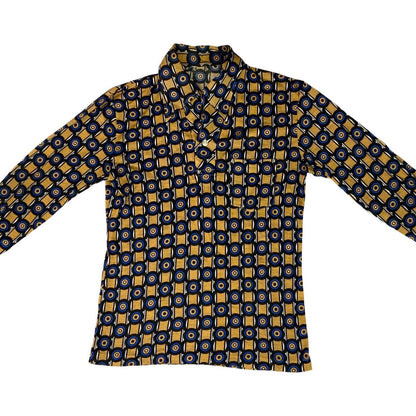 VTG 70s BIG COLLAR MENS POLY SMOCK SHIRT GEOMETRIC PSYCHEDELIC PRINT 36” (34) S