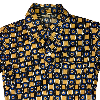 VTG 70s BIG COLLAR MENS POLY SMOCK SHIRT GEOMETRIC PSYCHEDELIC PRINT 36” (34) S