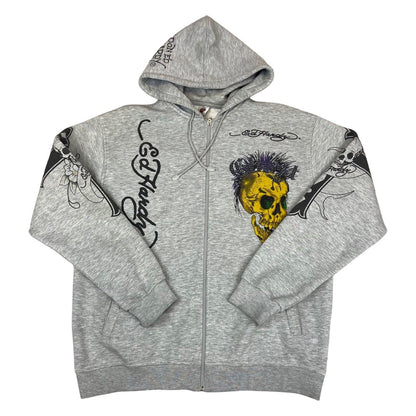 2000s Grey Ed Hardy 'Ghost Skull' All Over Print Diamante Embellished Hoodie XL