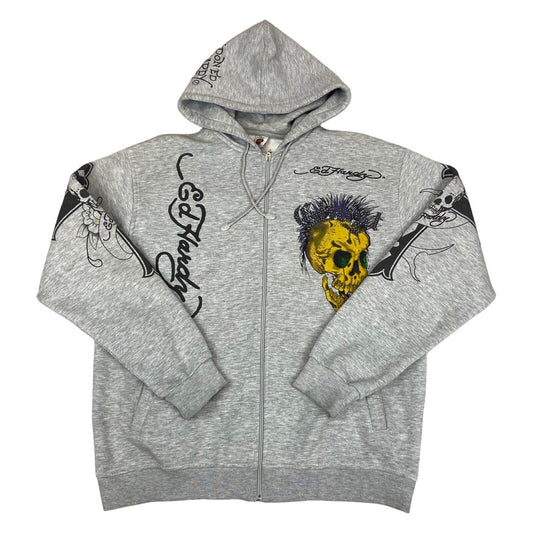 2000s Grey Ed Hardy 'Ghost Skull' All Over Print Diamante Embellished Hoodie XL