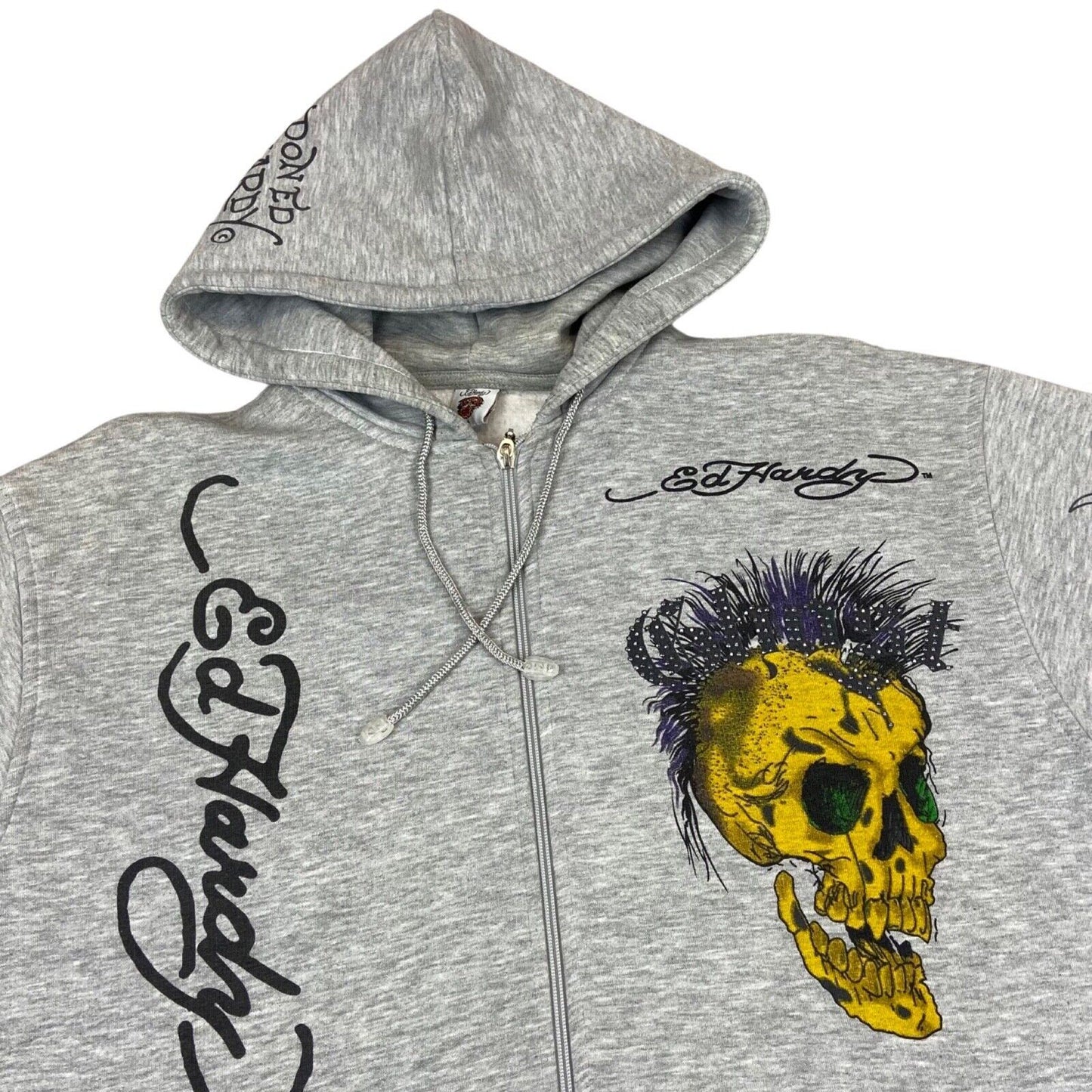 2000s Grey Ed Hardy 'Ghost Skull' All Over Print Diamante Embellished Hoodie XL