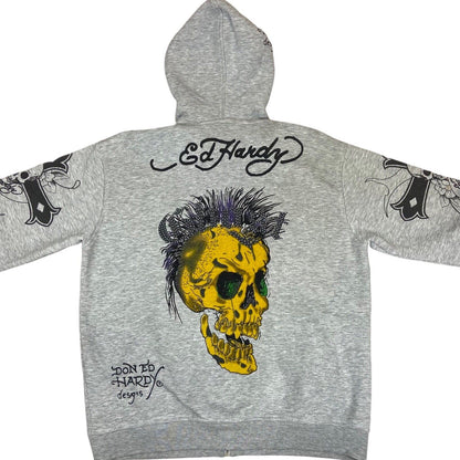 2000s Grey Ed Hardy 'Ghost Skull' All Over Print Diamante Embellished Hoodie XL