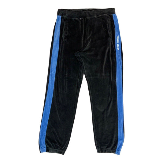 Vintage 00s Y2K Black Blue Tommy Hilfiger Velour Track Pants Joggers Stripped L