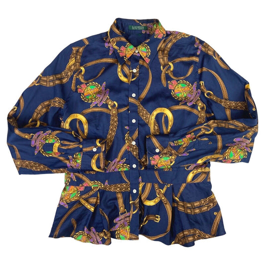 00s Blue Gold Belt Buckle Ralph Lauren Dagger Collar Peplum Blouse 12 14 M
