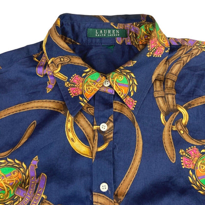 00s Blue Gold Belt Buckle Ralph Lauren Dagger Collar Peplum Blouse 12 14 M