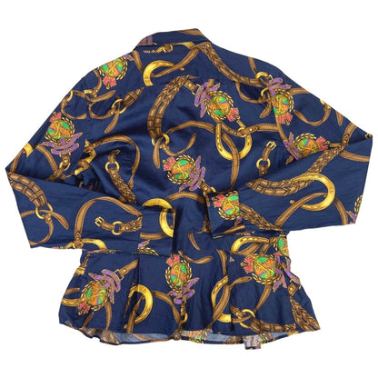 00s Blue Gold Belt Buckle Ralph Lauren Dagger Collar Peplum Blouse 12 14 M