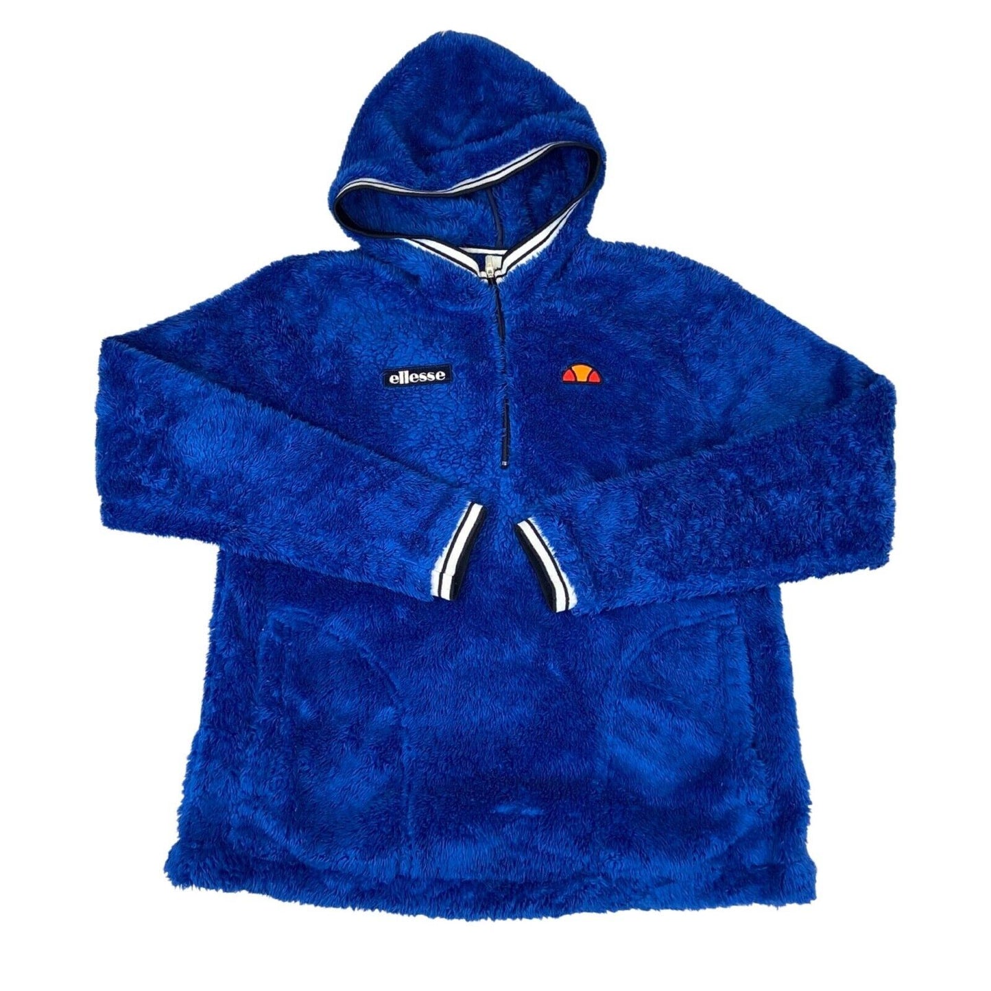 Vintage 00s Blue Ellesse Fluffy Fleece 1/4 Zip Hooded Embroidered Jumper M