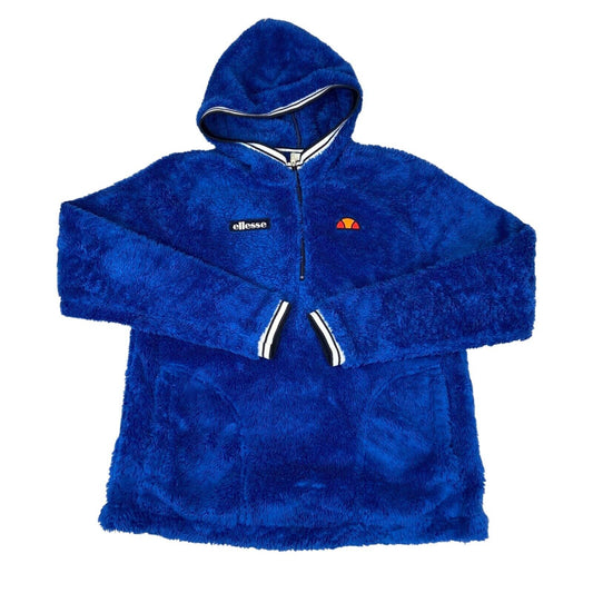 Vintage 00s Blue Ellesse Fluffy Fleece 1/4 Zip Hooded Embroidered Jumper M