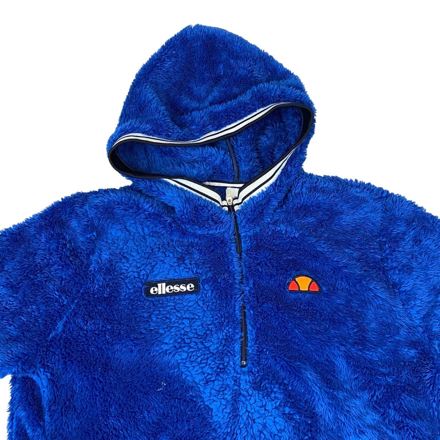 Vintage 00s Blue Ellesse Fluffy Fleece 1/4 Zip Hooded Embroidered Jumper M