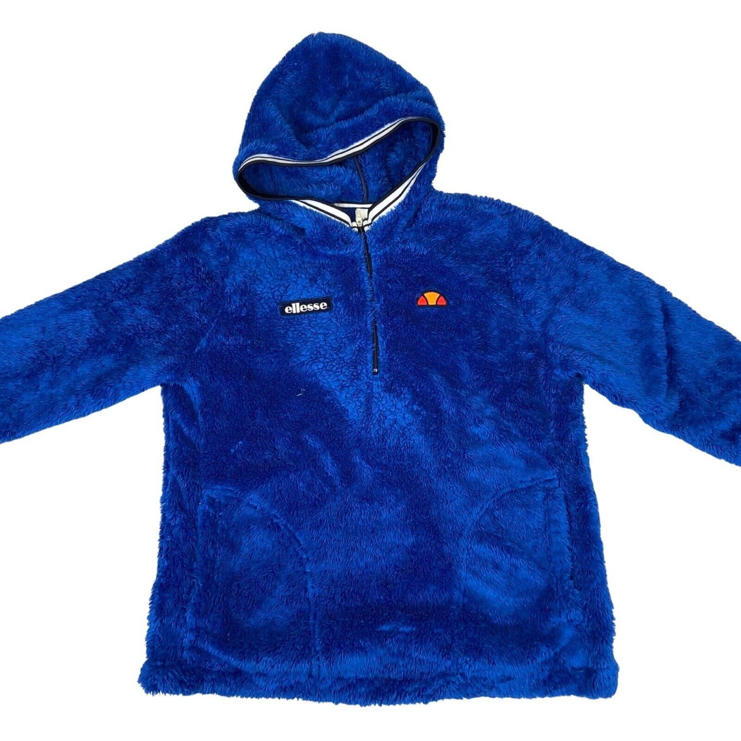 Vintage 00s Blue Ellesse Fluffy Fleece 1/4 Zip Hooded Embroidered Jumper M