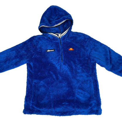 Vintage 00s Blue Ellesse Fluffy Fleece 1/4 Zip Hooded Embroidered Jumper M