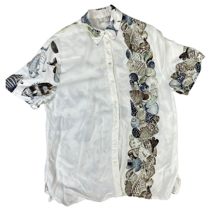 Vintage 80s 90s White Blue Brown Fish Shell Sea Novelty Men's Shirt M