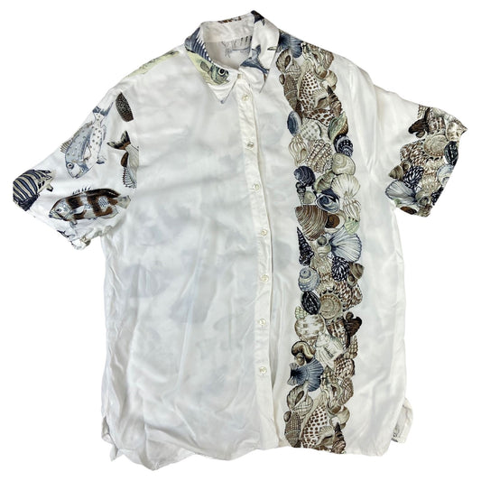 Vintage 80s 90s White Blue Brown Fish Shell Sea Novelty Men's Shirt M