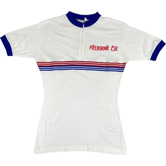 Vintage 70s White Cycling Top Chain Stitch Ribbed Sportswear TourDeFrance S 8 10