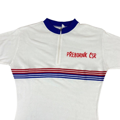Vintage 70s White Cycling Top Chain Stitch Ribbed Sportswear TourDeFrance S 8 10