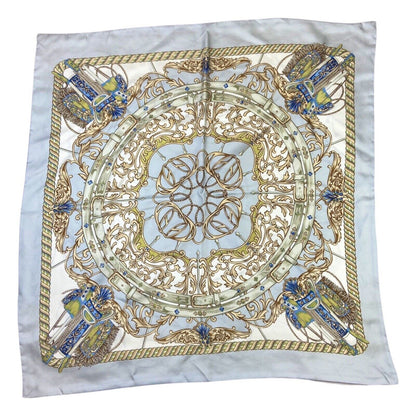 Vintage 80s 90s Cream Grey Filigree Jewelled Equestrian Double Sided Print Scarf