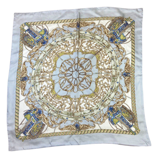 Vintage 80s 90s Cream Grey Filigree Jewelled Equestrian Double Sided Print Scarf