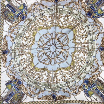 Vintage 80s 90s Cream Grey Filigree Jewelled Equestrian Double Sided Print Scarf