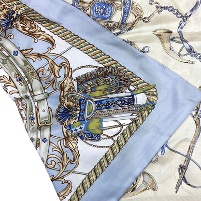 Vintage 80s 90s Cream Grey Filigree Jewelled Equestrian Double Sided Print Scarf