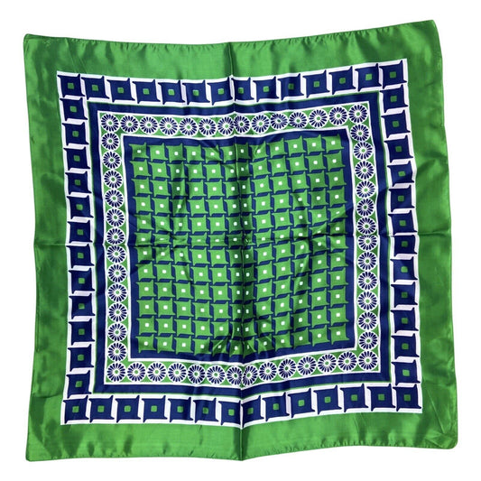 Vintage 70s Green Blue White Floral Geometric Print Scarf