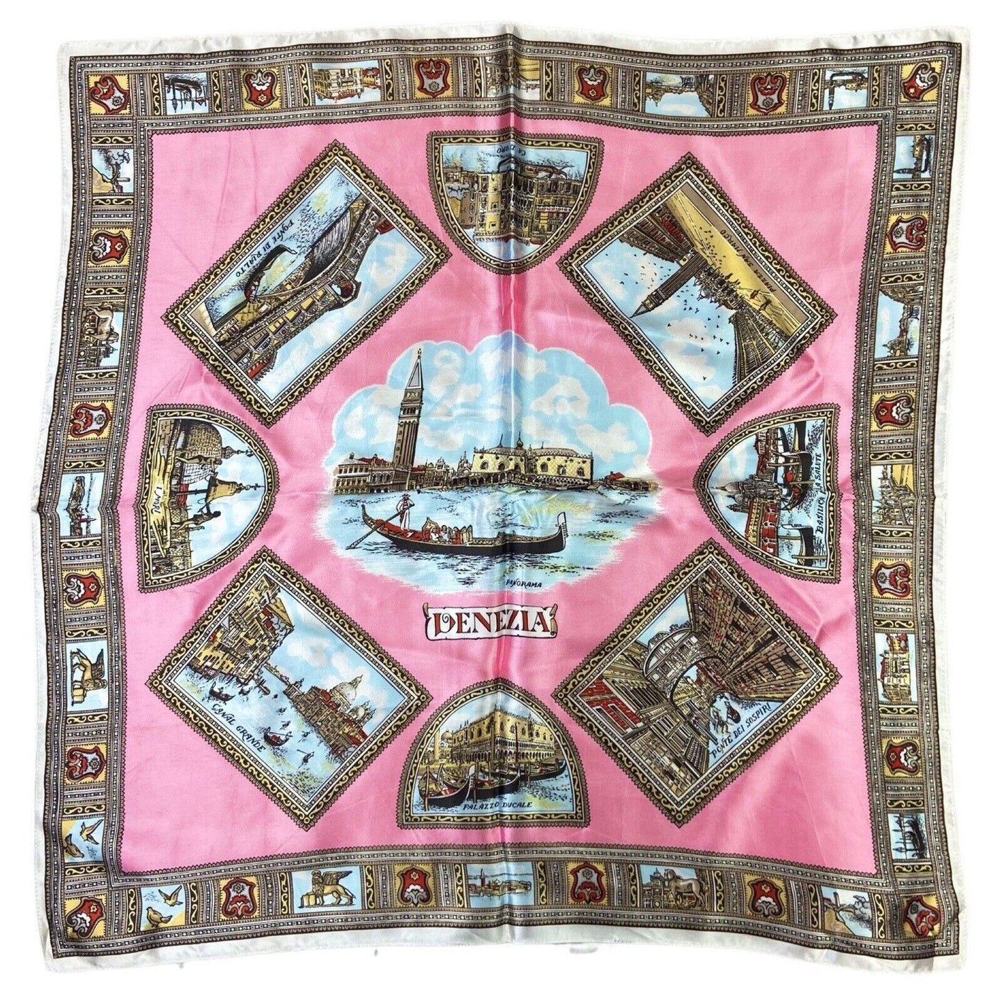Vintage 90s 80s Pink Gold Venezia Ornamental Print Patterned Scarf
