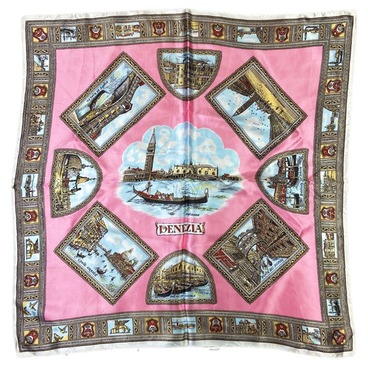 Vintage 90s 80s Pink Gold Venezia Ornamental Print Patterned Scarf