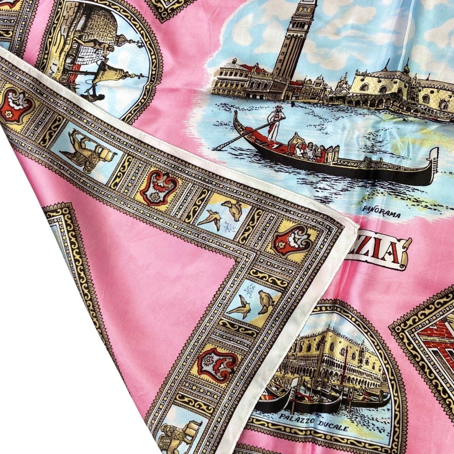 Vintage 90s 80s Pink Gold Venezia Ornamental Print Patterned Scarf