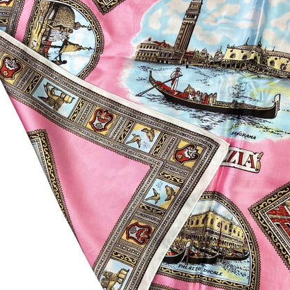 Vintage 90s 80s Pink Gold Venezia Ornamental Print Patterned Scarf