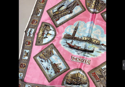 Vintage 90s 80s Pink Gold Venezia Ornamental Print Patterned Scarf