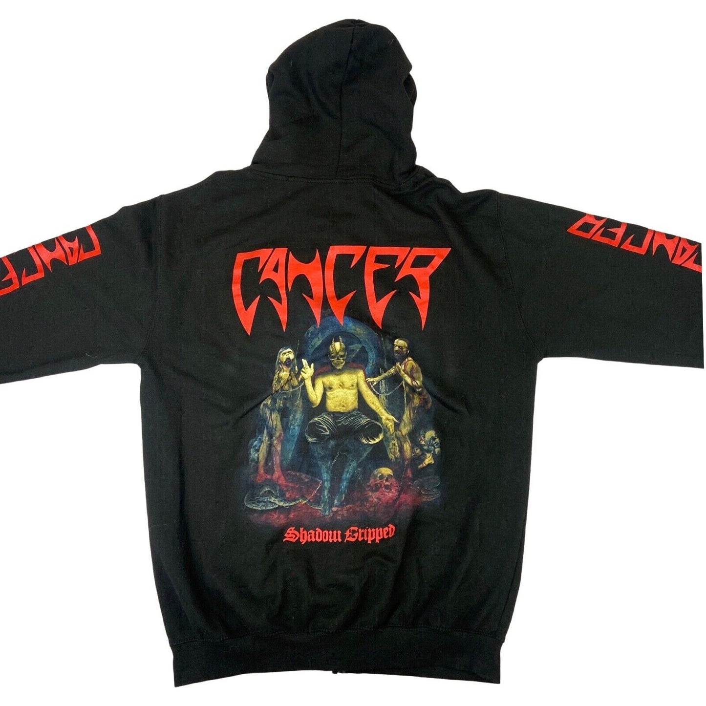 Preloved 2018 Black Cancer Zip Up Graphic Printed Hoodie Thrash Metal Merch L-XL