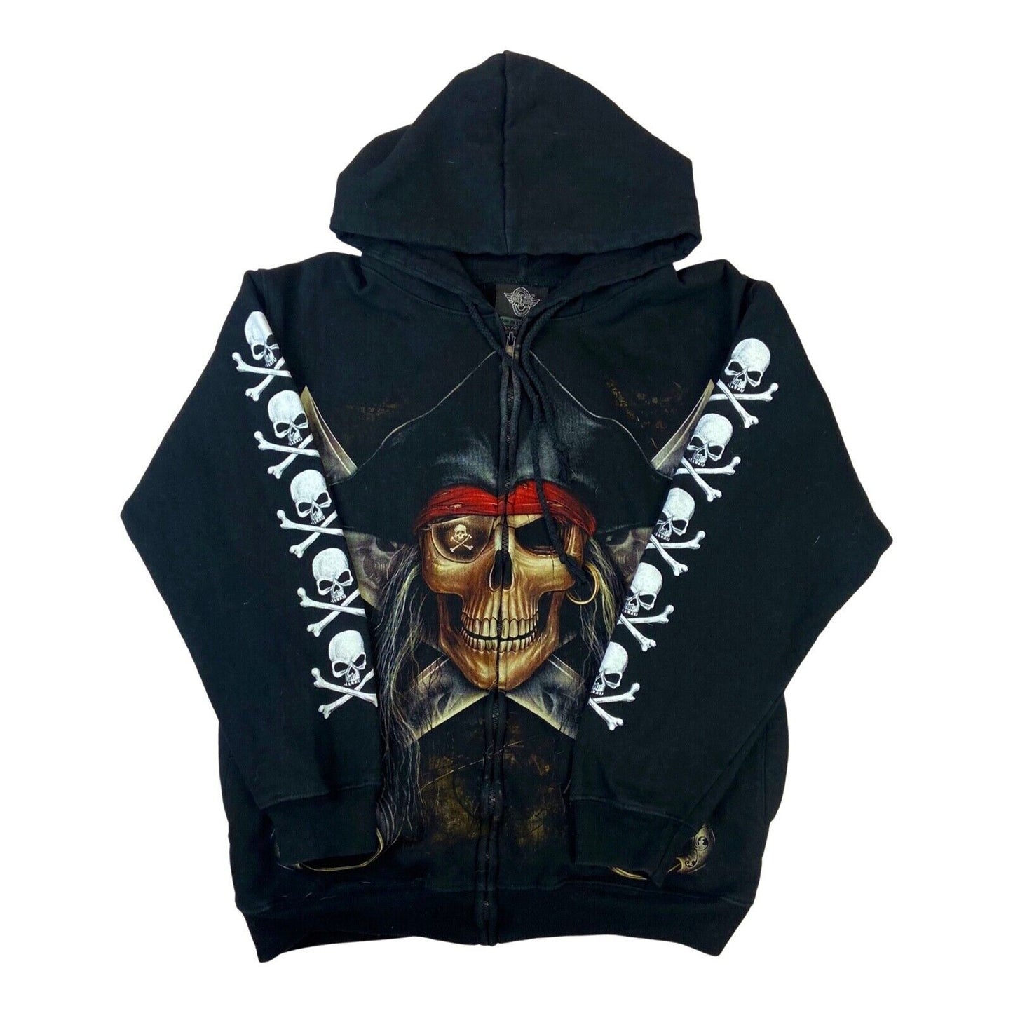 Vintage 90s 00s Black Rock Eagle Pirate Graphic Printed Zip Up Hoodie M