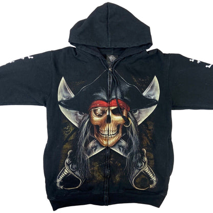 Vintage 90s 00s Black Rock Eagle Pirate Graphic Printed Zip Up Hoodie M