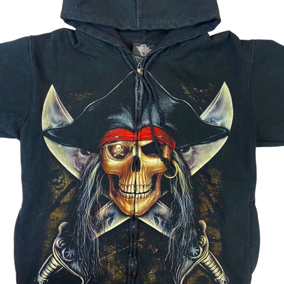 Vintage 90s 00s Black Rock Eagle Pirate Graphic Printed Zip Up Hoodie M