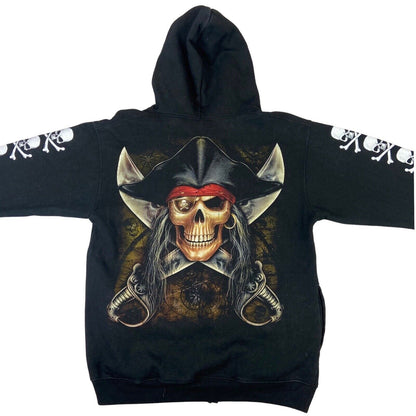 Vintage 90s 00s Black Rock Eagle Pirate Graphic Printed Zip Up Hoodie M