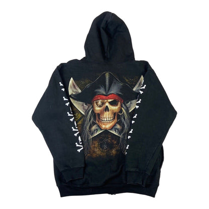 Vintage 90s 00s Black Rock Eagle Pirate Graphic Printed Zip Up Hoodie M