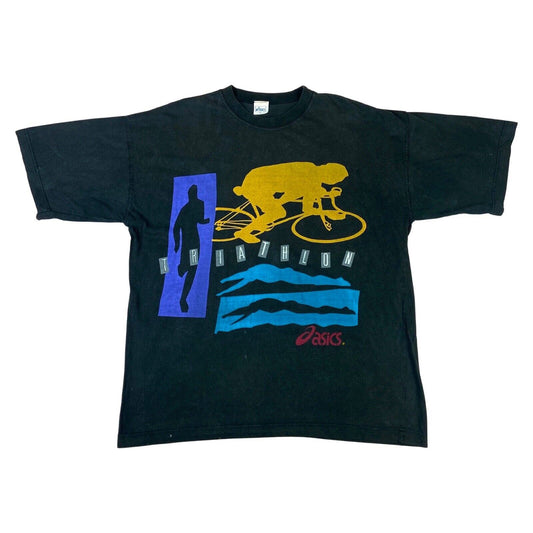 Vintage 90s 00s Black ASICS Graphic Triathlon Printed 100% Cotton T-Shirt XL