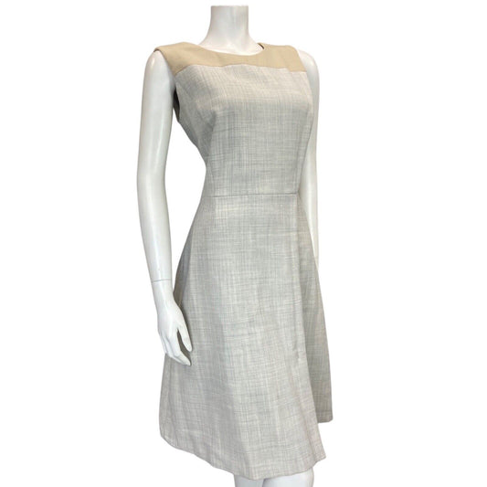 Vintage 00s Grey Beige Hugo Boss Wool Blend Sheath Mid Length Dress 8 10 S