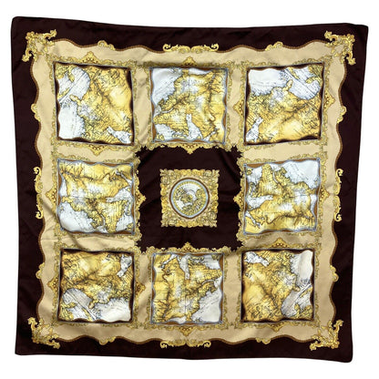 Vintage 90s 00s Brown Gold Cream Ornamental Filigree Map Print Scarf