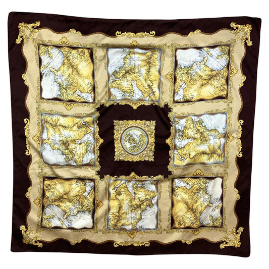 Vintage 90s 00s Brown Gold Cream Ornamental Filigree Map Print Scarf