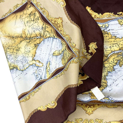 Vintage 90s 00s Brown Gold Cream Ornamental Filigree Map Print Scarf