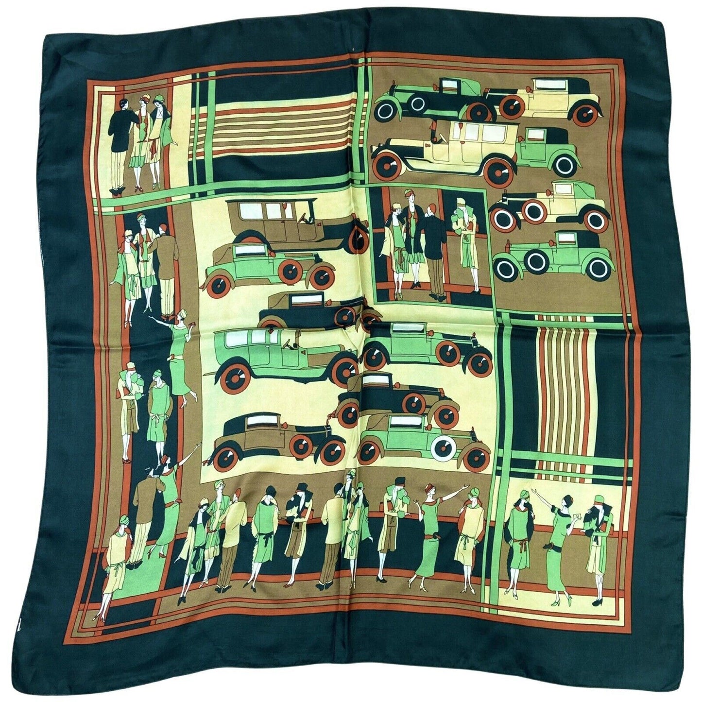 Vintage 90s 00s Green Cream Orange 20s Style Car Print Scarf