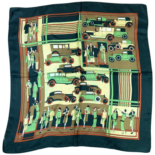 Vintage 90s 00s Green Cream Orange 20s Style Car Print Scarf