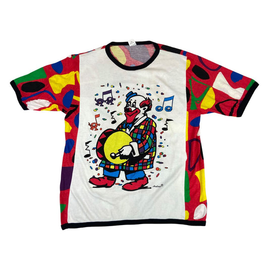 Vintage 80s White Multicoloured Geometric Patterned Clown Graphic T-Shirt L
