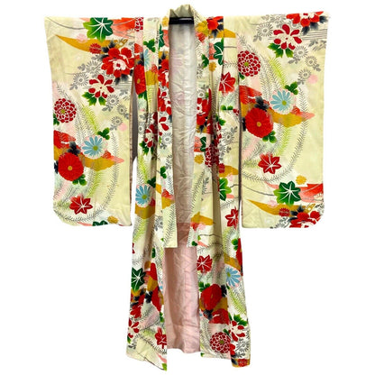 Vintage 60s 70s Yellow Red Green Silk Floral Komon Showa Kimono 8 10 S