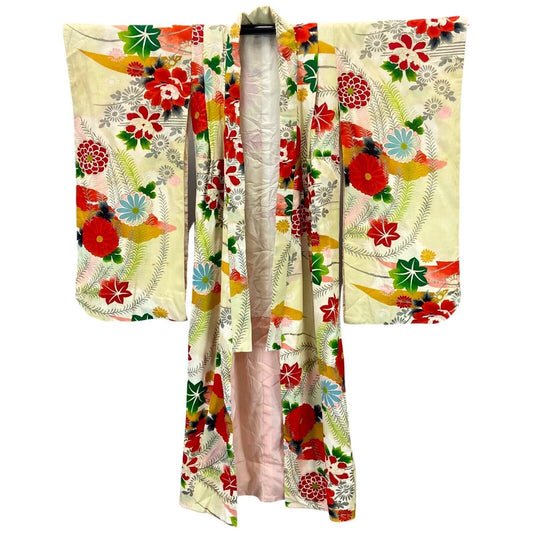 Vintage 60s 70s Yellow Red Green Silk Floral Komon Showa Kimono 8 10 S